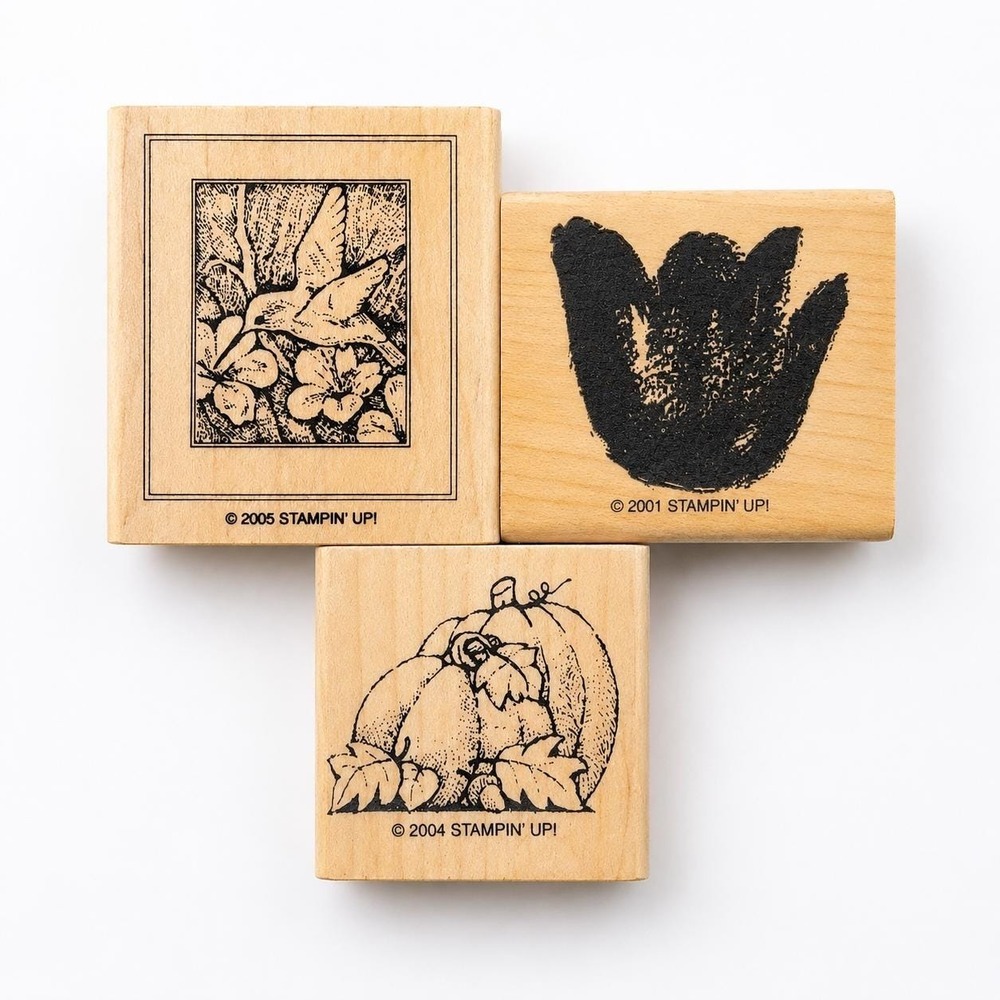 Retired Stampin' Up! Rubber Lot (3) Hummingbird Tulip Pumpkin Wood Mount